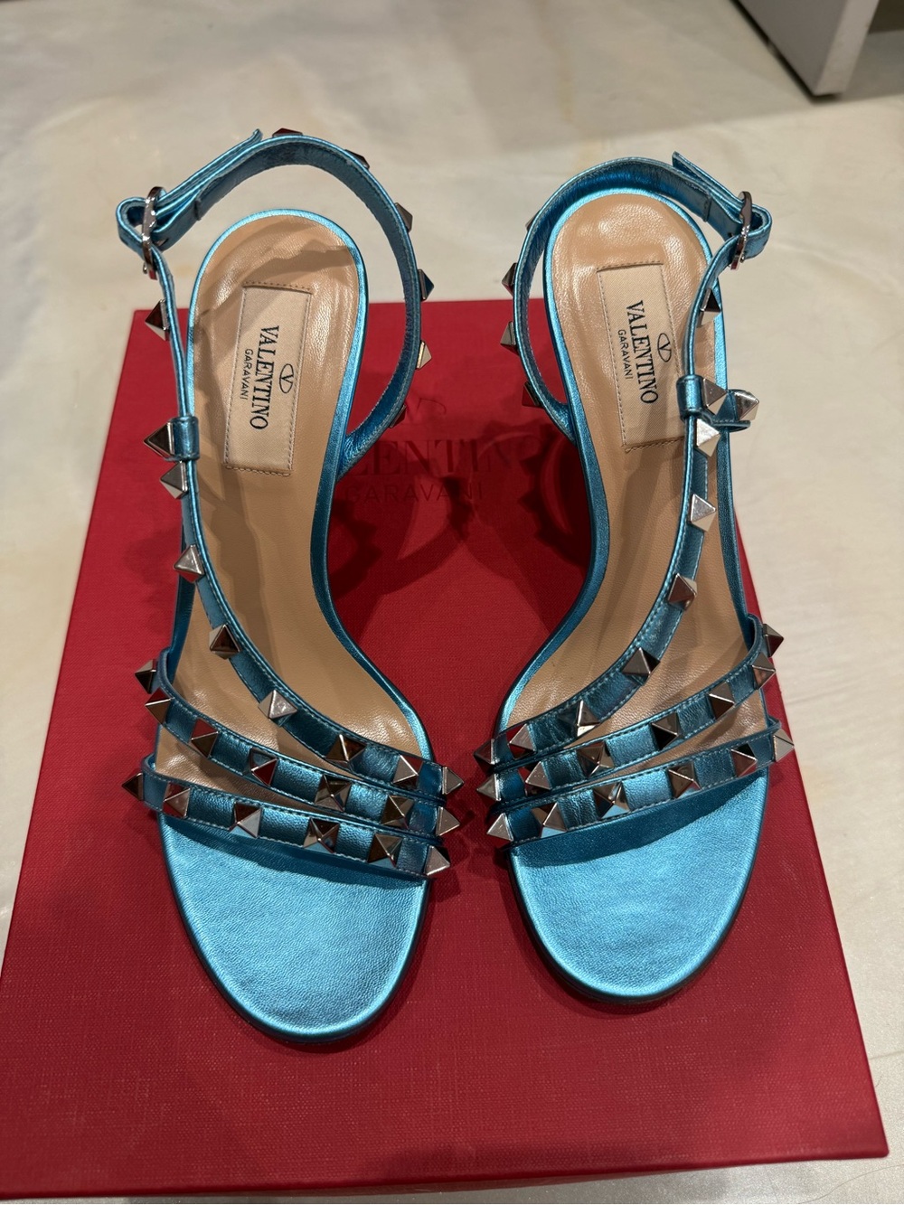 Valentino Garavani Metallic Teal Rockstud Satin Slingback Heels